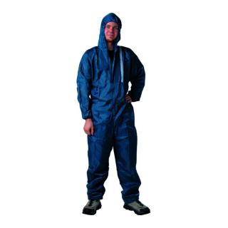 Combinezon protectie albastru reutilizabil poliester cu gluga. 4CR 6520, protejaza impotriva substantelor chimice