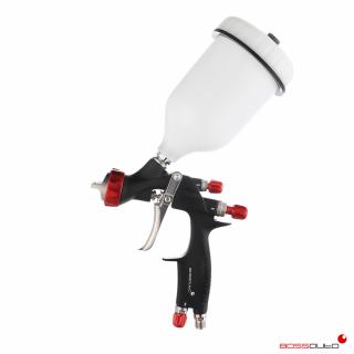 Pistol de vopsit, Bossauto Spray Gun BTG HVLP, cupa plastic 600 ml, duza la alegere, consum aer 300 l min + Manometru