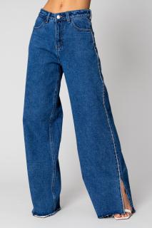 Blugi largi cu strasuri din denim Blue