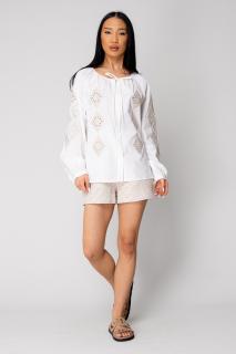 Camasa femei brodata cu maneca lunga Off White Beige