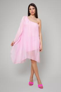 Rochie scurta pe umar din mix de matase Light Pink