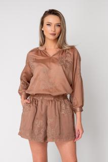 Set bluza si pantalon scurt cu broderie Brown