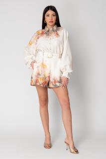 Set Camasa maneca lunga si pantalon scurt Flower Beige