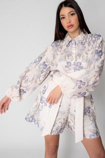 Set Camasa maneca lunga si pantalon scurt Flower Off White Blue