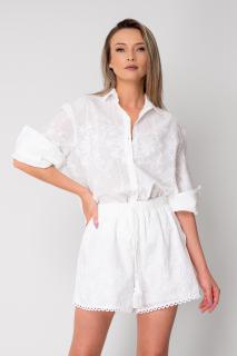 Set dama cu broderie - camasa cu maneca 3 4  si pantalon scurt White
