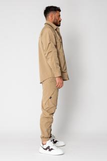 Set Jacheta fara gluga cu capse si Pantalon lung cargo Light Brown