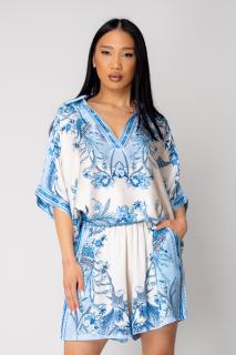 Set Shells bluza si pantalon scurt din mix matase Off White Blue