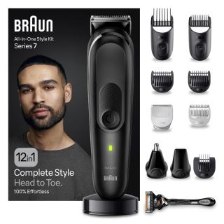 Aparat de tuns multifunctional Braun MGK7460, WetDry, AutoSense, 12-in-1, 2 piepteni ficsi, 4 piepteni, 3 capete, 1 aparat de ras Gillette, autonomie 100 minute, Suport de incarcare, Organizator, Neg