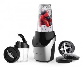 Blender sport Heinner Vitamiser 1000 HSB-T1000SS, 1000W, recipiente Tritan fara BPA 1 0.45L, rasnita inclusa, buton ON OFF, 18000RPM, lame din inox, 2 capace suplimentare, carcasa din inox, argintiu n