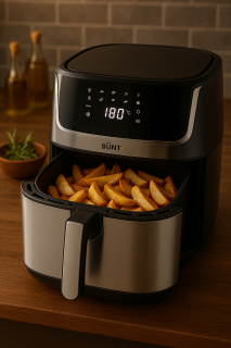 BUNTZ Air Fryer digital XL, Arete BAF-85S, incalzire superioara si inferioara, 1950 W, 8.5L, control tactil, 10 programe presetate, termostat reglabil: 80-200  C, timer 60 min, Argintiu