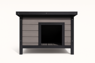Casuta din lemn pentru caini, pisici si iepuri, BUNTZ, lemn, acoperis rabatabil, bitumant, impermeabil, perdea transparenta la usa din PVC, 57 x 44 x 40 cm, Gri