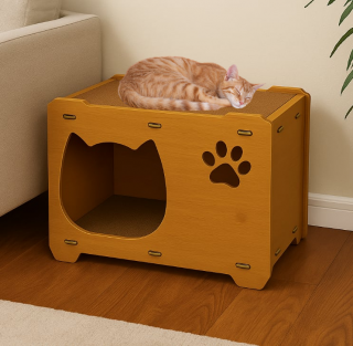 Casuta din MDF pentru pisici cu placi de zgariat si terasa, Buntz, pentru interior, 44x28.5x30.5cm, Maro