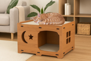 Casuta din MDF pentru pisici cu placi de zgariat si terasa, Buntz, pentru interior, 59x28.5x35cm, Maro
