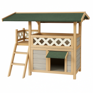 Cusca din lemn pentru pisici, Buntz, doua niveluri, 78x58x72cm, Bej deschis