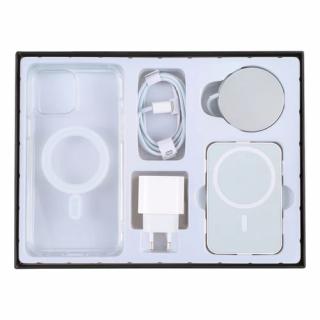Cutie cu accesorii pentru telefon , husa transparenta, cablu incarcare, incarcator, casti, incarcator wireless, baterie wireless, alb
