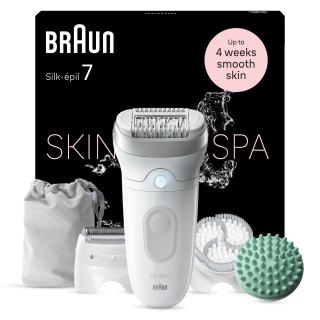 Epilator Braun Silk-epil 7 7-081 SkinSpa, Wet  Dry, MicroGrip, Smart Light, 40 de pensete, 2 viteze, Cap de ras + Pieptene, Cap pentru exfoliere, Cap pentru masaj, Saculet de voiaj, Alb Gri