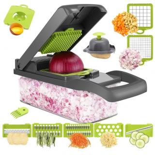 Feliator de Legume 13 in 1, multifunctional, 8 taieturi, accesorii pentru tocat, maruntit, feliat, julienne, separator de oua, lame de inox, 28 x 13 cm, verde