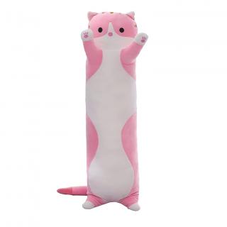 Jucarie pisica plus lunga, tip perna, lavabila, umplutura hipoalergenica, pentru copii si adulti, lungime 90 cm, culoare roz