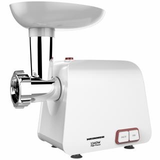 Masina de tocat Heinner Pearl 1340 MG-1340WH, 1340 W, accesoriu de rosii si carnati, cutit din inox, functie Reverse, 2 site de taiere, capacitate de tocare 1,2 kg min, Alb
