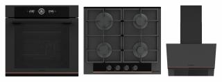 Pachet Pyramis Trio Copper Line 2082 Full Touch Black Glass, cuptor electric, plita gaz si hota decorativa, 16 functii, clasa A, volum 72 l, Soft Close, Rotisor, ghidaje telescopice, 4 arzatoare, grat