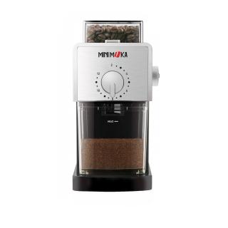 Rasnita de cafea Minimoka, 110 W, 180 g, macinare reglabila, cutit inox, freze plane, protectie pornire accidentala, carcasa inox, Argintiu Negru