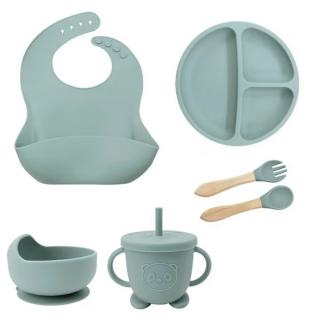 Set hranire bebelusi si copii, pentru diversificare din silicon, 6+ luni, farfurie, bol, bavetica, tacamuri, Albastru