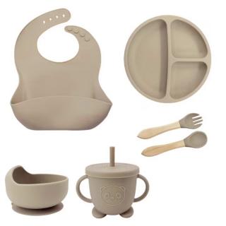 Set hranire bebelusi si copii, pentru diversificare din silicon, 6+ luni, farfurie, bol, bavetica, tacamuri, Crem