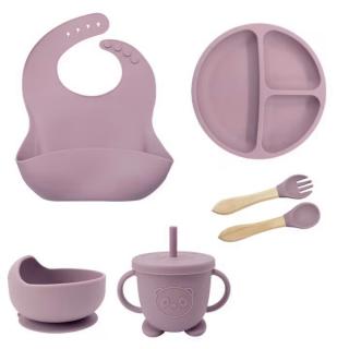 Set hranire bebelusi si copii, pentru diversificare din silicon, 6+ luni, farfurie, bol, bavetica, tacamuri, Roz pal