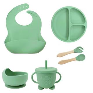 Set hranire bebelusi si copii, pentru diversificare din silicon, 6+ luni, farfurie, bol, bavetica, tacamuri, Turcoaz