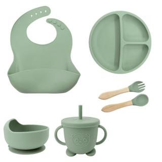 Set hranire bebelusi si copii, pentru diversificare din silicon, 6+ luni, farfurie, bol, bavetica, tacamuri, Verde