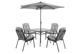 Set mobilier gradina, gri, otel, 4 persoane, 6 piese, masa + 4 scaune + umbrela, inlude perne ,   Colorado