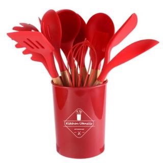 Set ustensile bucatarie 12 piese Lemn si Silicon alimentar, Termorezistente, Antiaderente, Suport Blat, Rosu