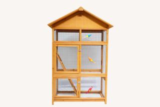 Voliera colivie din lemn pentru papagali, canari, perusi,  BUNTZ, usi duble cu inchidere si plasa metalica, tava detasabila, scara din lemn, 108 x 57 x 164 cm