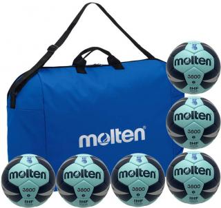 Pachet 6 mingi handbal Molten H3X3800, marime 3, aprobat IHF + geanta transport Molten EH0046-B