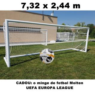 Poarta fotbal 7,32 x 2,44 m, mobila, aluminiu 120x100 mm + minge fotbal Molten