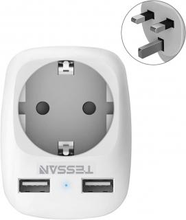 Adaptor priza de calatorie Europe to UK Tessan TS-611, EU - UK, 2xUSB - 2,4A, 10A