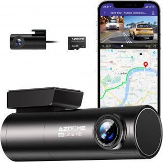 Camera auto DVR AZDOME M300S, Dubla, 4K + 1080P, 5GHz WiFi, GPS, Unghi 170, Comanda vocala, Card 64G inclus