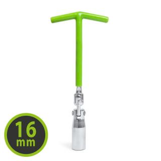 Cheie pentru bujii  de 16 mm, maner cauciucat verde, articulat