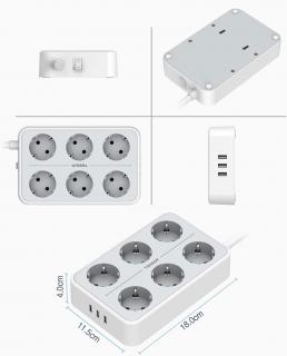 Prelungitor electric Tessan TS-303, 6 prize, 3 USB 3A, cablu 2m