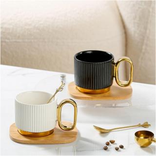 Set 2 Cesti din Portelan cu lingurita metalica si suport Bambus, PATRICIA, 220ml