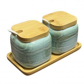 Set 2 recipiente din ceramica, capace si tava din Bambus, 20x10x11 cm