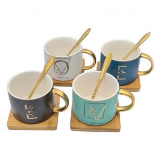 Set 4 Cesti pentru Cafea si Ceai, LOVE, suport bambus si lingurite