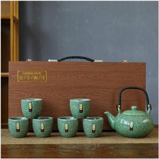 Set Ceainic 500 ml si 6 cupe din Portelan, cutie Lemn, Verde