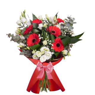 Buchet de flori cu gerbera si lisianthus