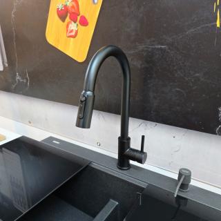 Baterie 3 cai CookingAid Cindy Black apa rece   calda   filtru apa negru mat si perlator detasabil   extractibil cu buton comutare jet   spray