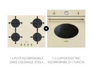 Pachet Smeg Coloniale Cuptor electric incorporabil 5+1 functii+plita pe gaz din sticla crem