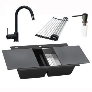 Set complet Chiuveta bucatarie granit dubla cu 2 cuve CookingAid Kinga LX8620 Neagra   Black Metal quartz + Baterie CookingAid Indiana + 2 Tocatoare sticla Temperizata Neagra +Tavita scurgere inox + S