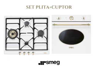 Set incorporabile SMEG Coloniale,Plita gaz,60 cm+Cuptor electric 5+1 functii , alb cu auriu