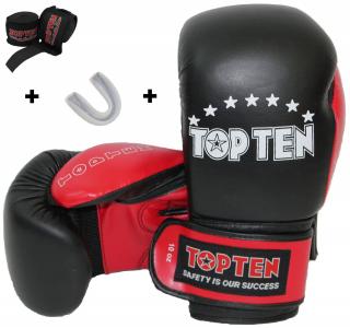 Kit de inceput manusi de box proteza de gura si bandaje, Top Ten, Negru-Rosu, 16 oz