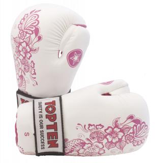 Manusi kickbox , œFlowers,   pentru femei, omologat WAKO - alb-roz, marime S